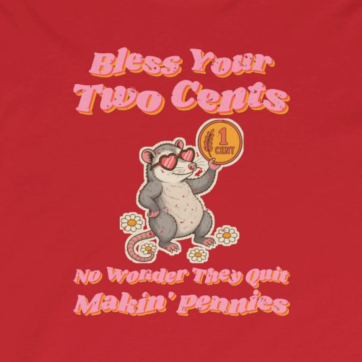 Bless Your Two Cents Possum Long Sleeve Tee – Back Porch Sass – Red – front print close-up