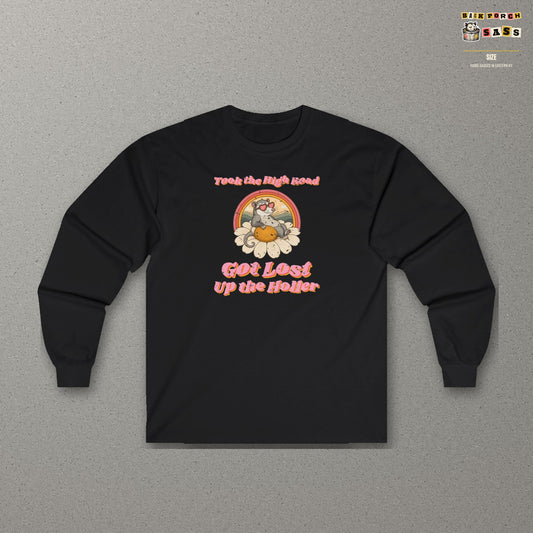 Took the High Road Got Lost Up the Holler Long Sleeve Tee – Back Porch Sass – Black – front