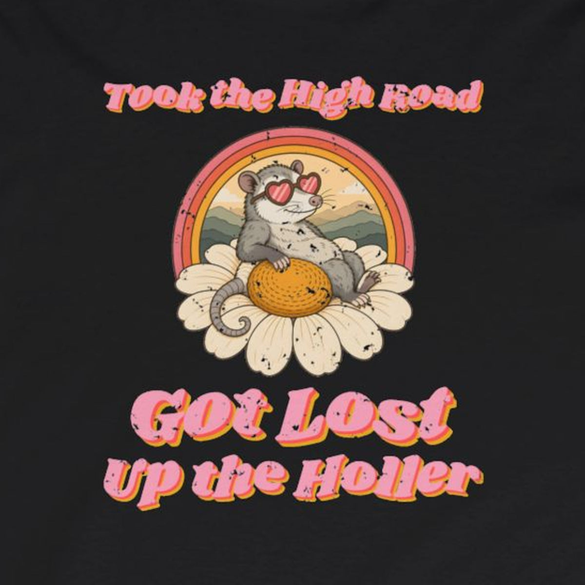 Took the High Road Got Lost Up the Holler Long Sleeve Tee – Back Porch Sass – Black – front print close-up