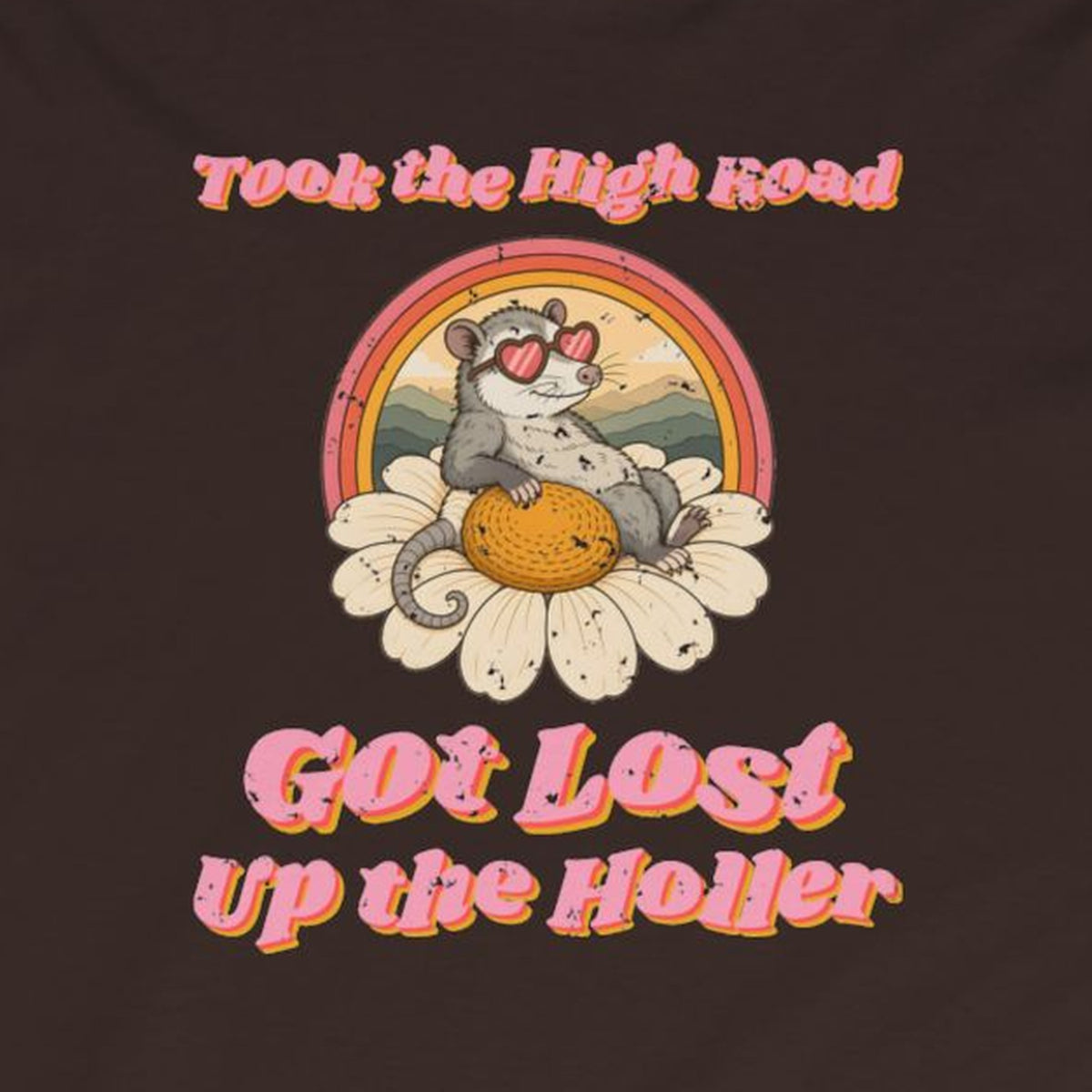 Took the High Road Got Lost Up the Holler Long Sleeve Tee – Back Porch Sass – Dark Chocolate – front print close-up