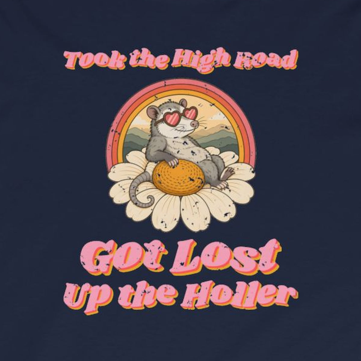 Took the High Road Got Lost Up the Holler Long Sleeve Tee – Back Porch Sass – Navy – front print close-up