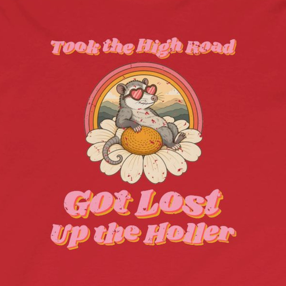 Took the High Road Got Lost Up the Holler Long Sleeve Tee – Back Porch Sass – Red – front print close-up