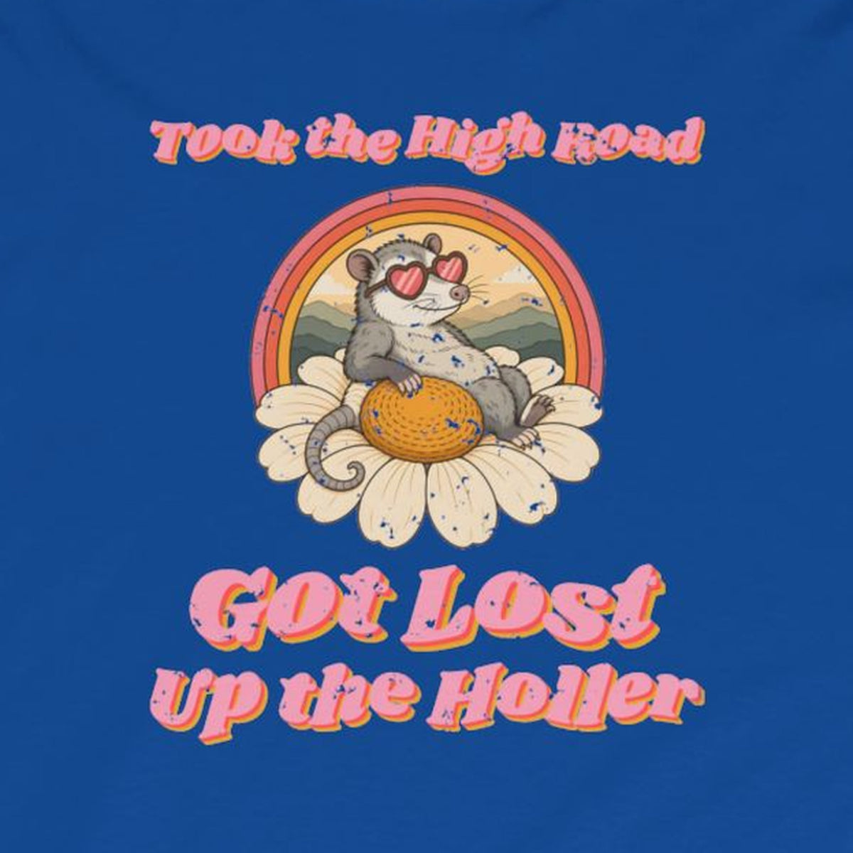 Took the High Road Got Lost Up the Holler Long Sleeve Tee – Back Porch Sass – Royal – front print close-up