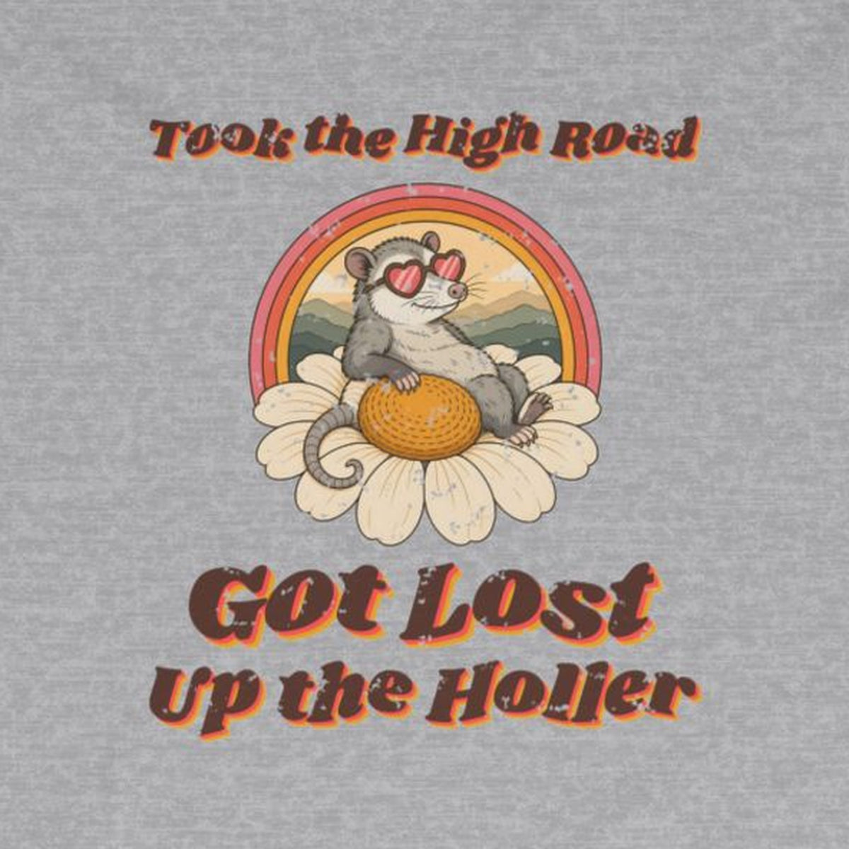 Took the High Road Got Lost Up the Holler Long Sleeve Tee – Back Porch Sass – Sport Grey – front print close-up