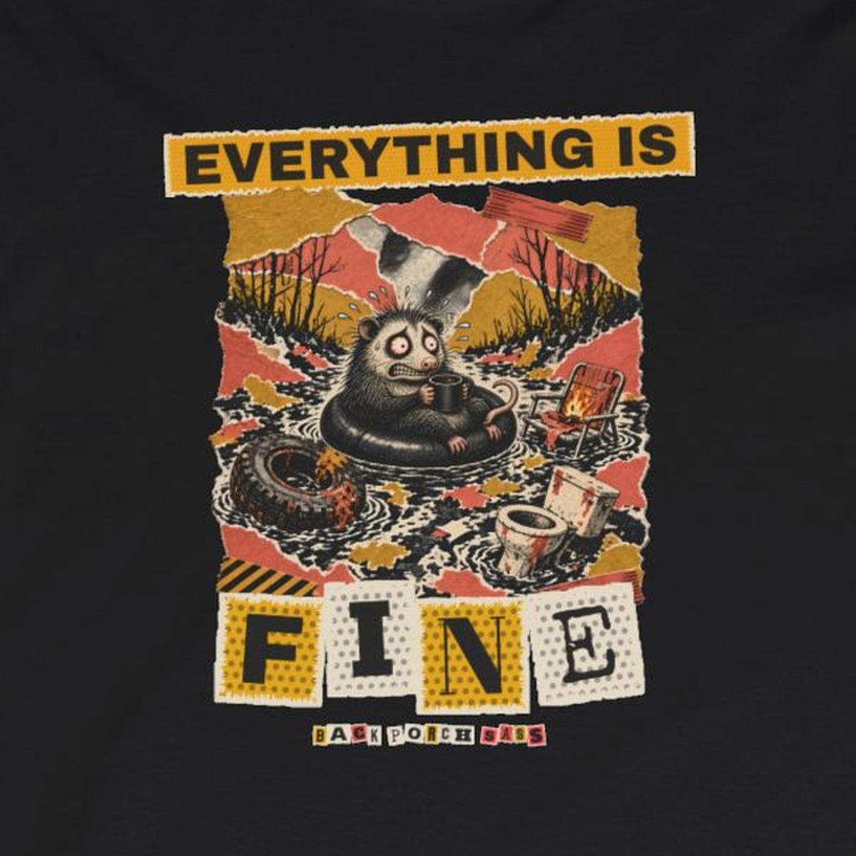 Everything Is Fine Stressed Possum Long Sleeve Tee – Back Porch Sass – Black – front print close-up