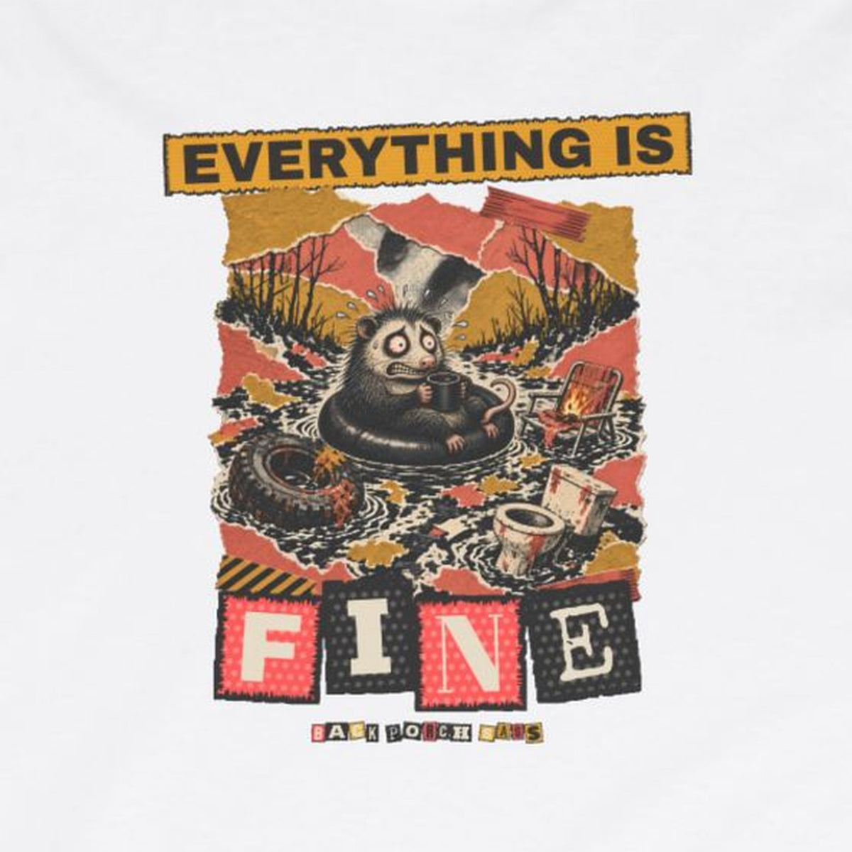 Everything Is Fine Stressed Possum Long Sleeve Tee – Back Porch Sass – White – front print close-up