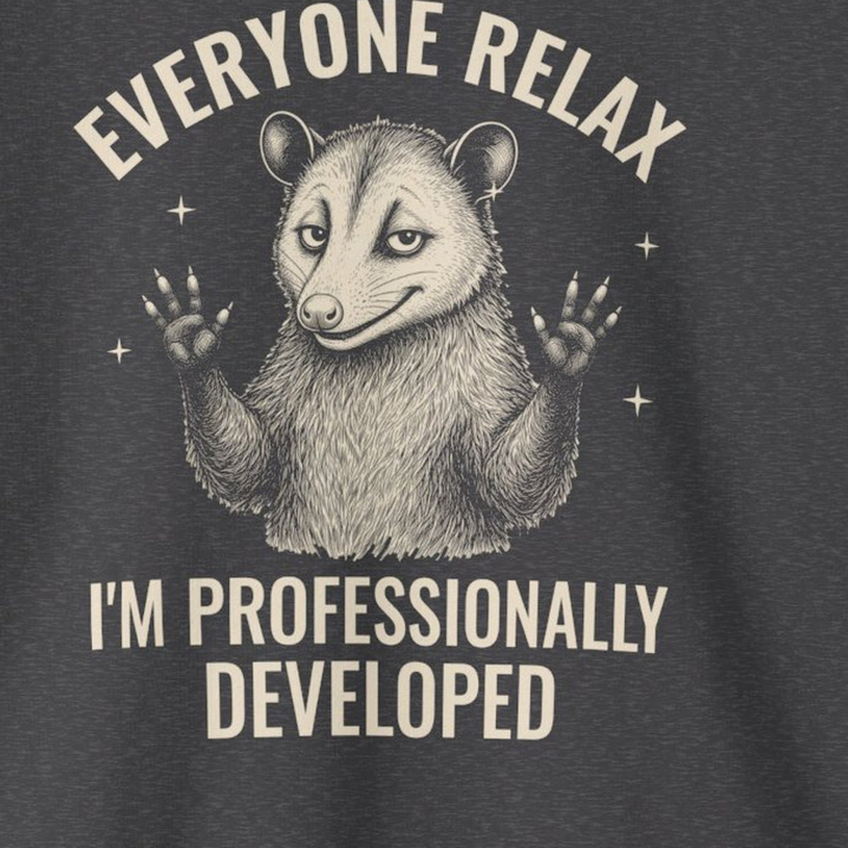 Everyone Relax I'm Professionally Developed - Carl Sweatshirt – Dark Heather – front print close-up