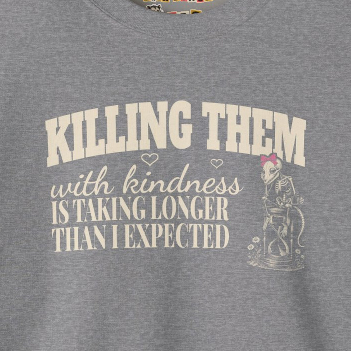 Killing Them With Kindness Is Taking Longer Than I Expected - Carla Sweatshirt – Graphite Heather – front print close-up