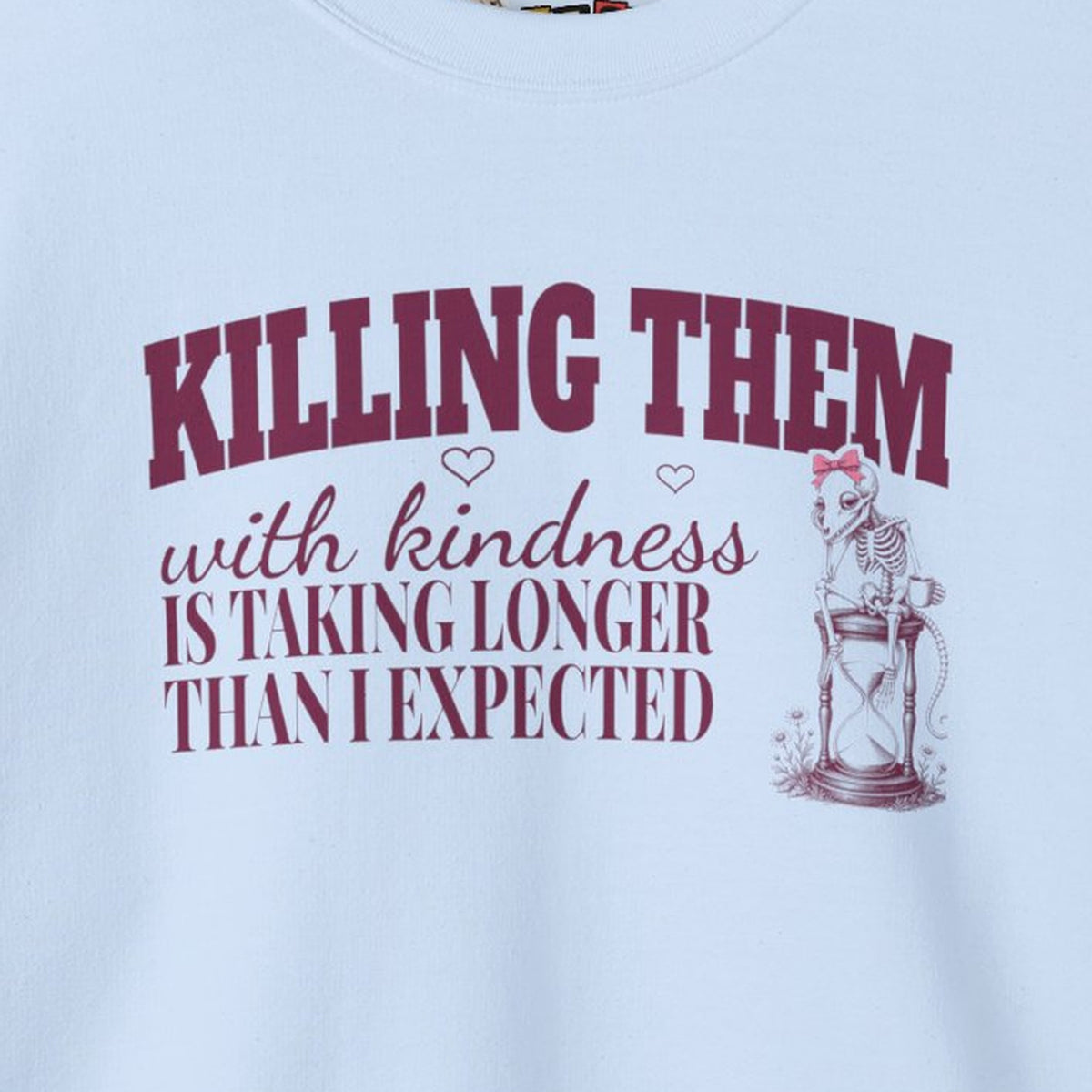 Killing Them With Kindness Is Taking Longer Than I Expected - Carla Sweatshirt – Light Blue – front print close-up
