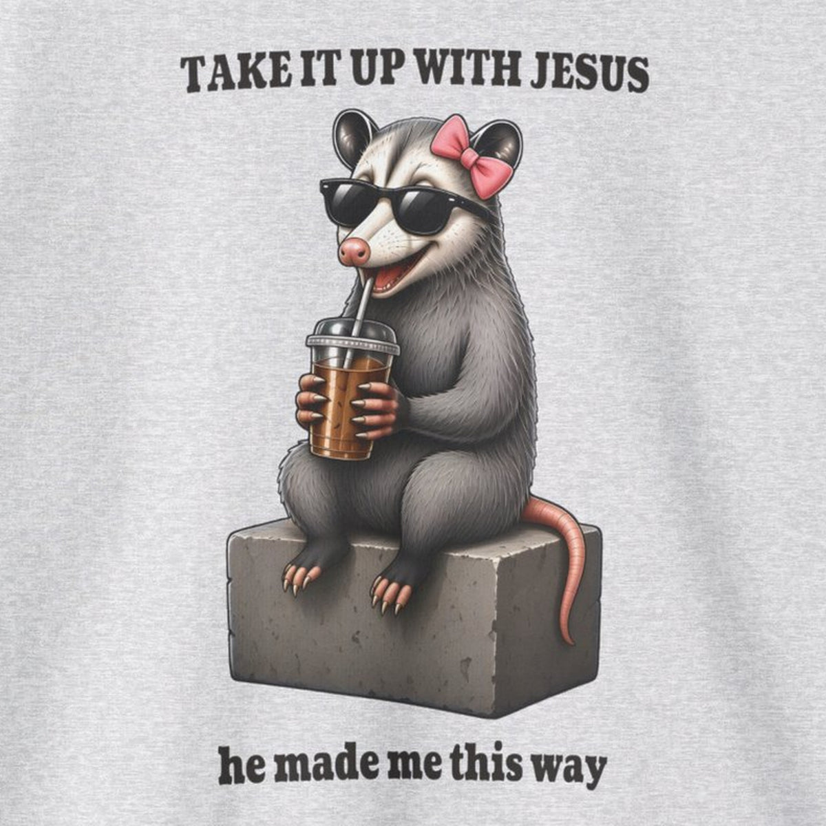 Take It Up With Jesus - Carla Sweatshirt – Ash – front print close-up