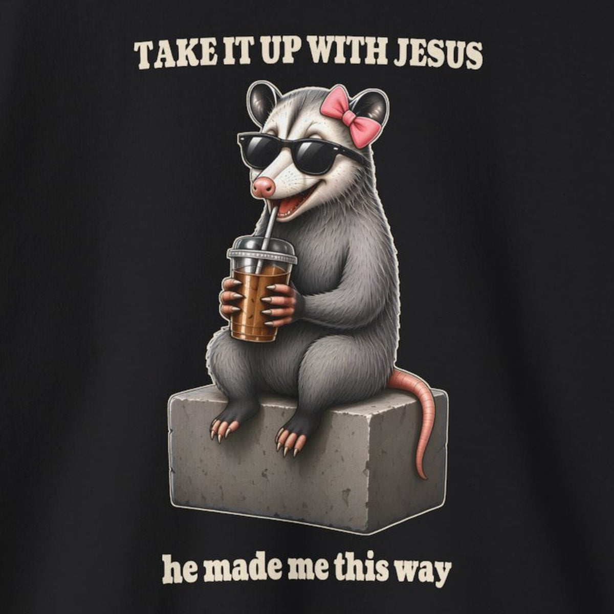 Take It Up With Jesus - Carla Sweatshirt – Black – front print close-up