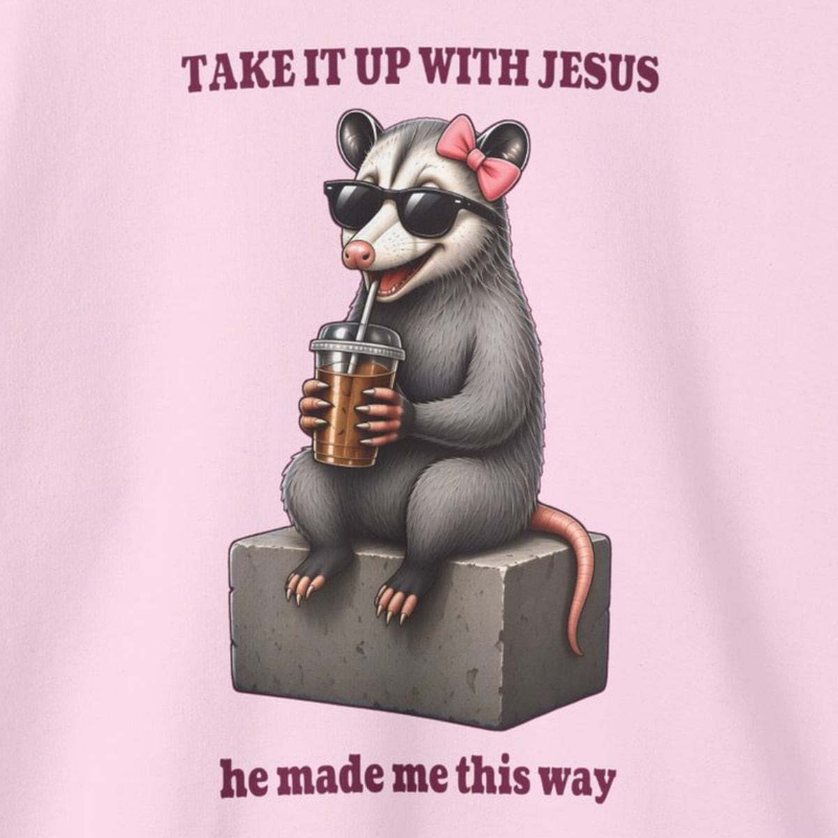 Take It Up With Jesus - Carla Sweatshirt – Light Pink – front print close-up