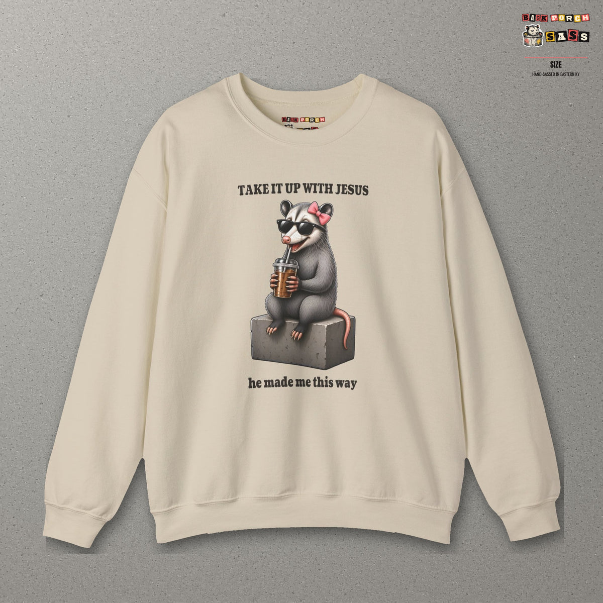 Take It Up With Jesus - Carla Sweatshirt – Sand – front
