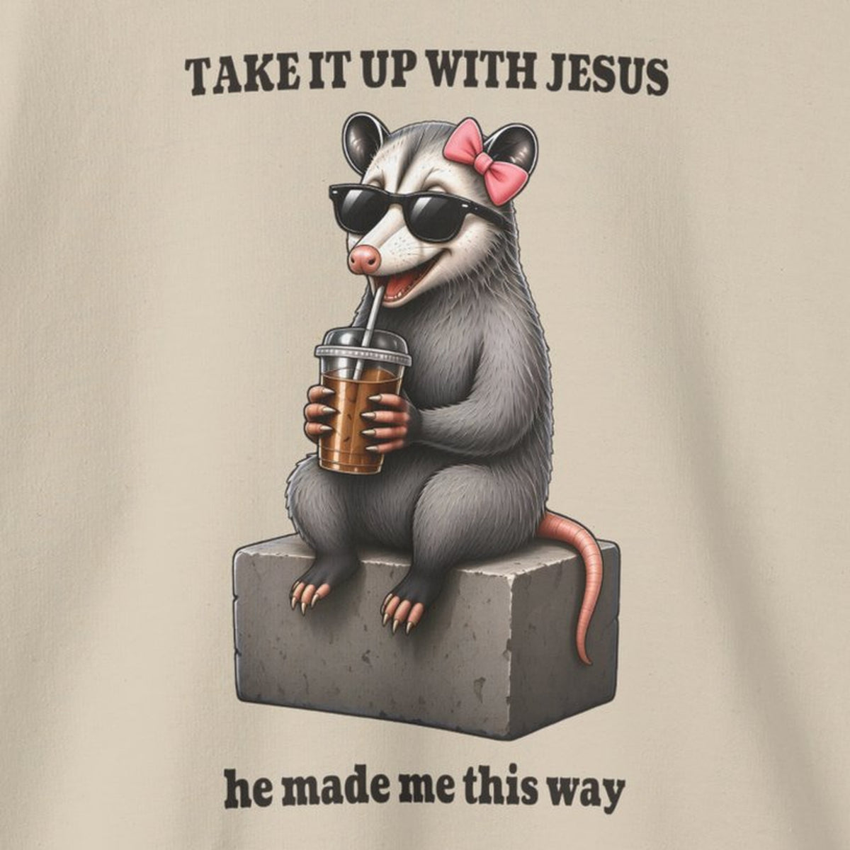 Take It Up With Jesus - Carla Sweatshirt – Sand – front print close-up