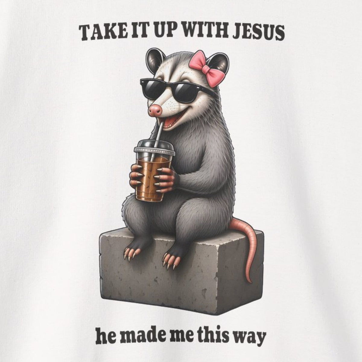 Take It Up With Jesus - Carla Sweatshirt – White – front print close-up