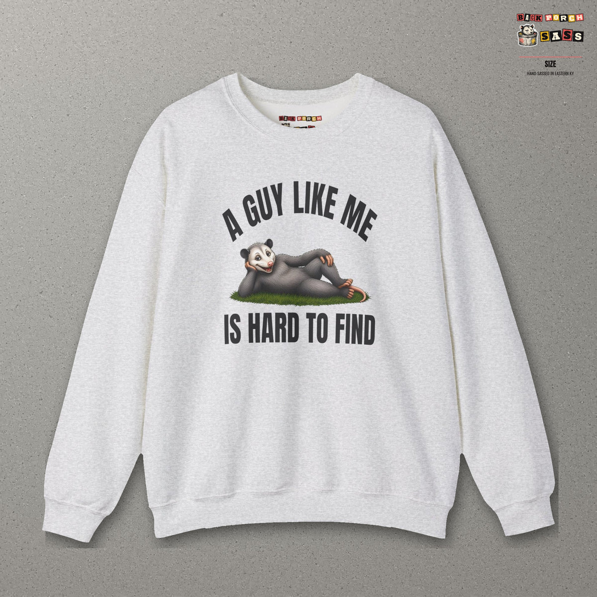 A Guy Like Me Is Hard to Find - Carl the Possum Sweatshirt – Ash – front