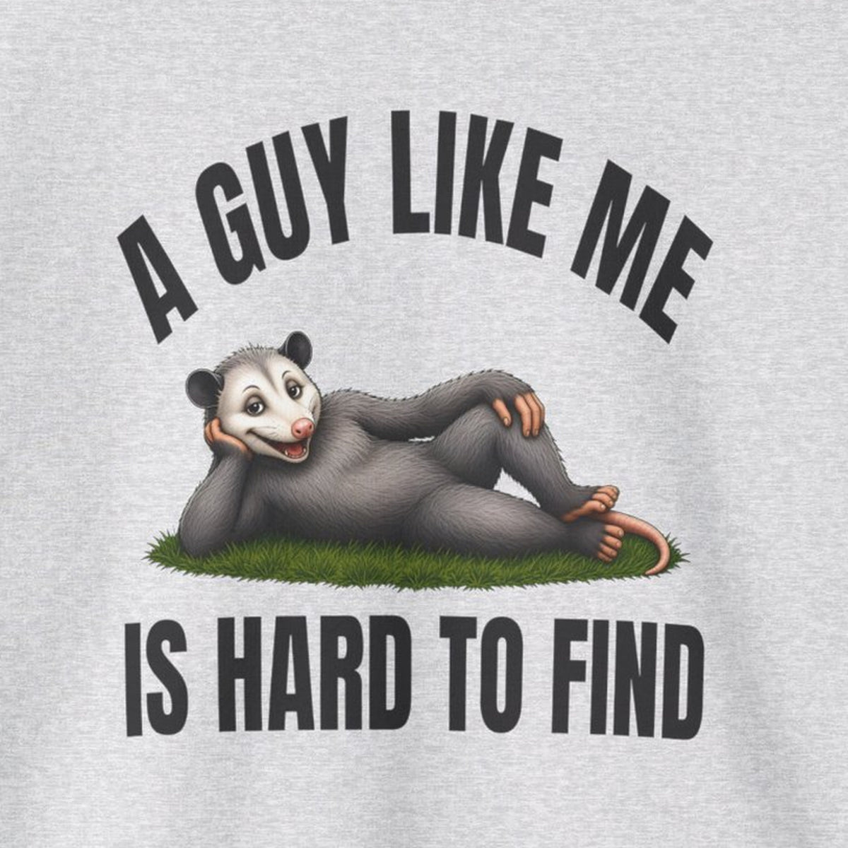 A Guy Like Me Is Hard to Find - Carl the Possum Sweatshirt – Ash – front print close-up
