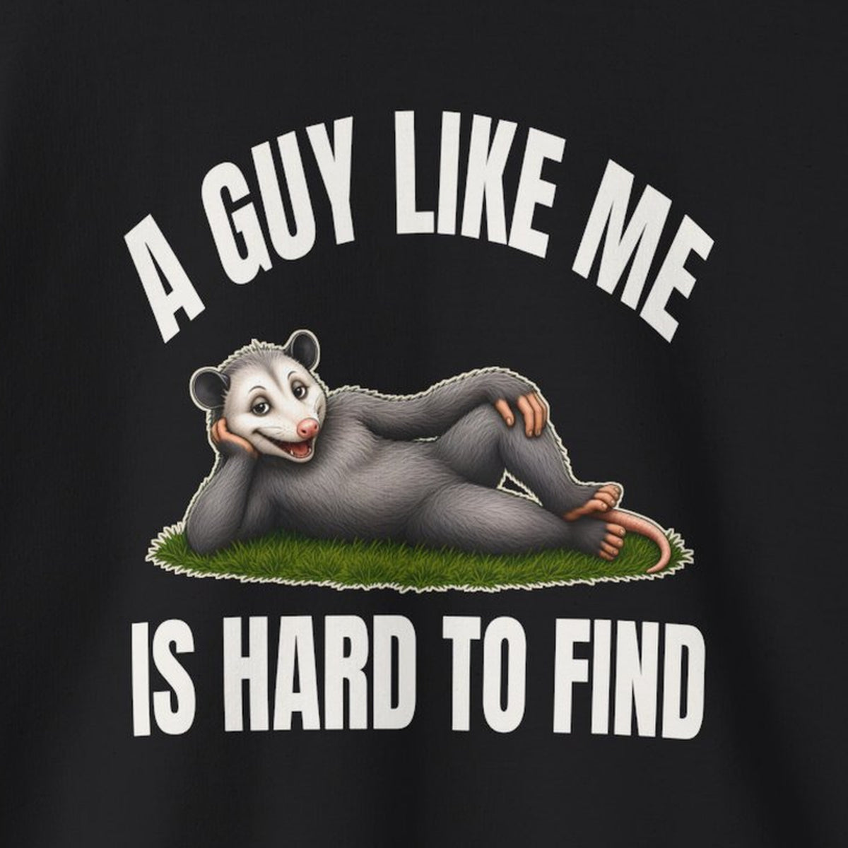 A Guy Like Me Is Hard to Find - Carl the Possum Sweatshirt – Black – front print close-up