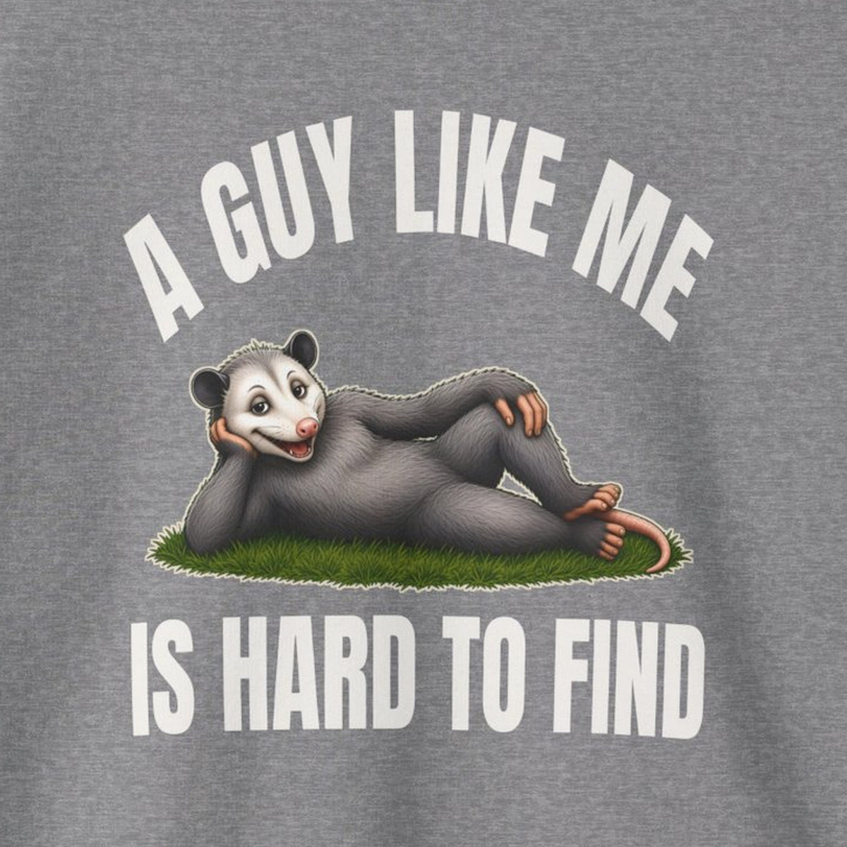 A Guy Like Me Is Hard to Find - Carl the Possum Sweatshirt – Graphite Heather – front print close-up