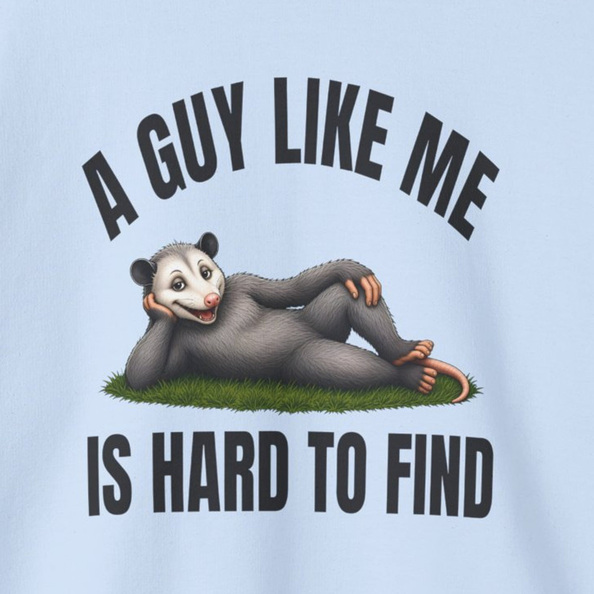 A Guy Like Me Is Hard to Find - Carl the Possum Sweatshirt – Light Blue – front print close-up