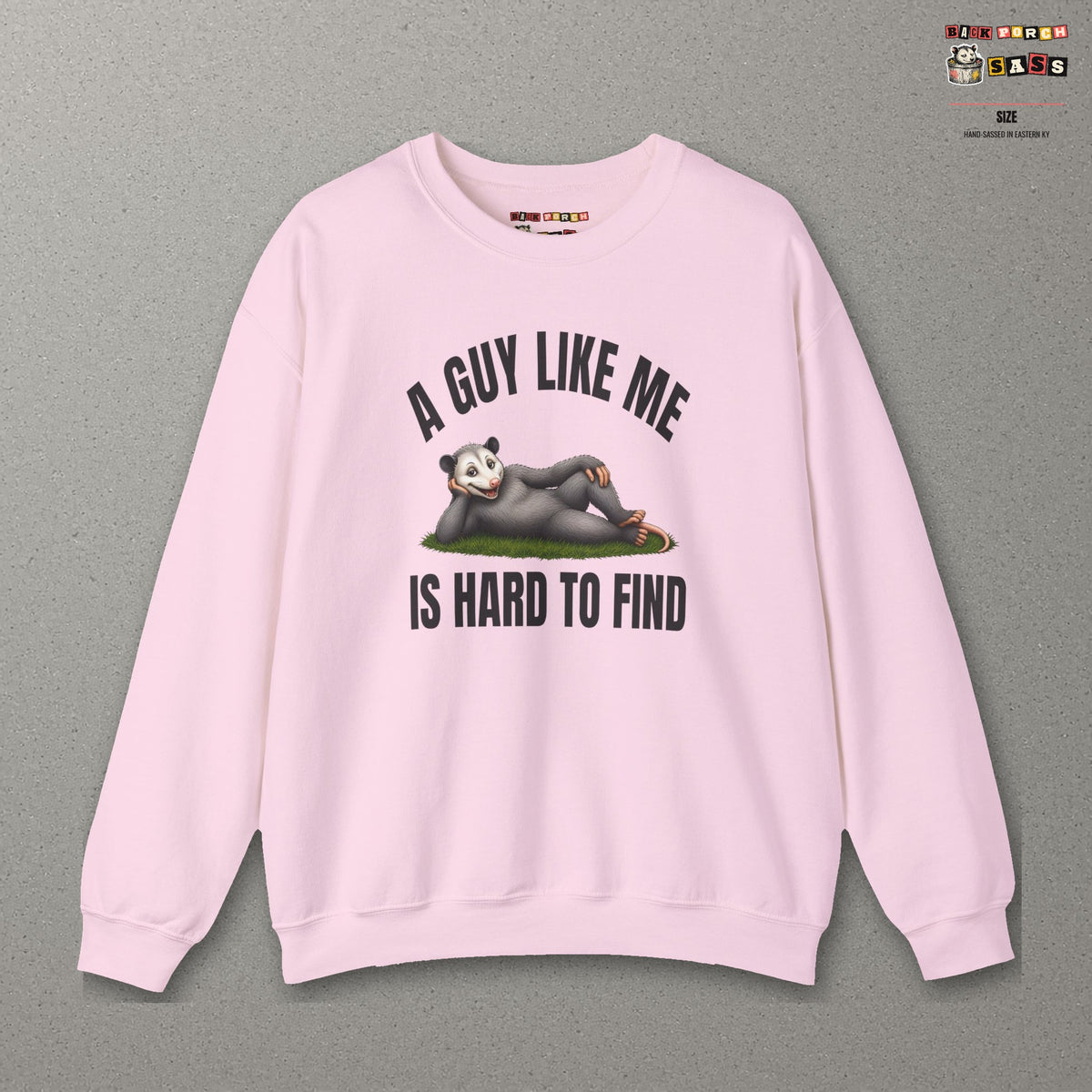 A Guy Like Me Is Hard to Find - Carl the Possum Sweatshirt – Light Pink – front