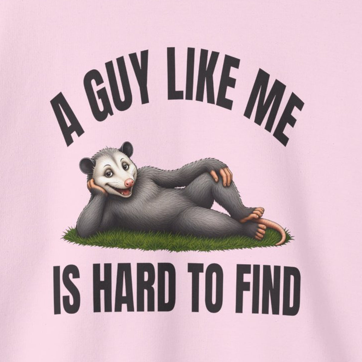 A Guy Like Me Is Hard to Find - Carl the Possum Sweatshirt – Light Pink – front print close-up