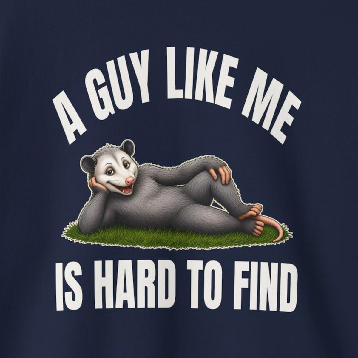 A Guy Like Me Is Hard to Find - Carl the Possum Sweatshirt – Navy – front print close-up