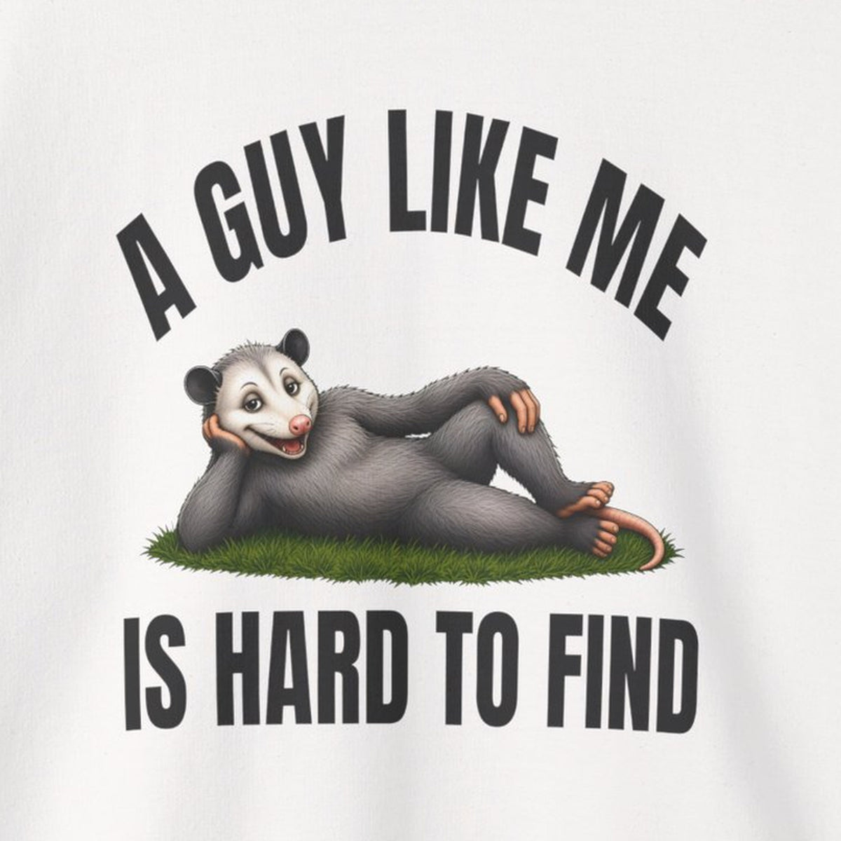 A Guy Like Me Is Hard to Find - Carl the Possum Sweatshirt – White – front print close-up