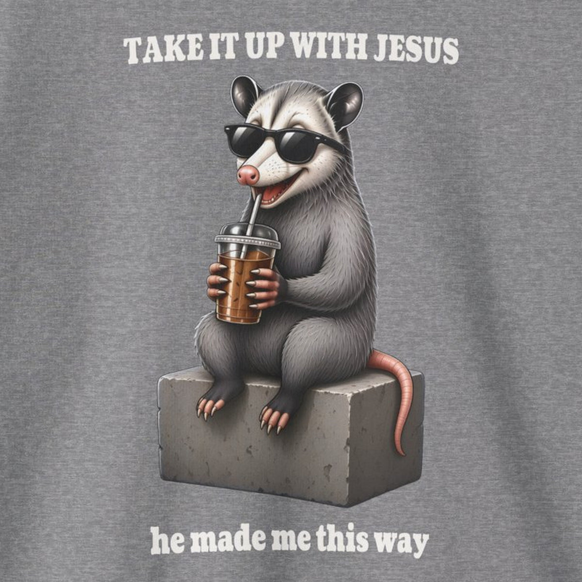 Take It Up With Jesus Sweatshirt – Graphite Heather – front print close-up