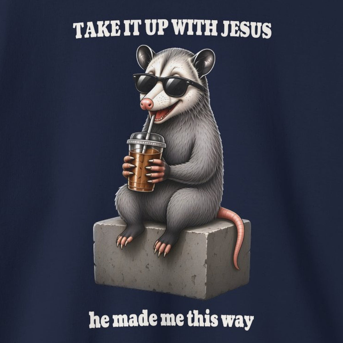 Take It Up With Jesus Sweatshirt – Navy – front print close-up
