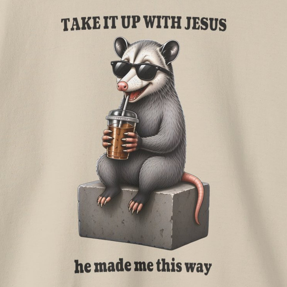 Take It Up With Jesus Sweatshirt – Sand – front print close-up