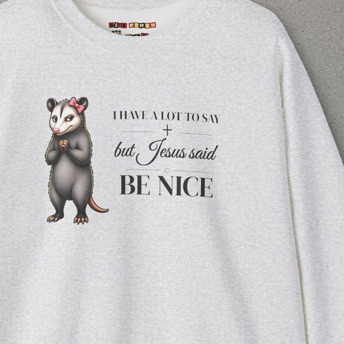 Be Nice Sweatshirt – Ash – front print close-up
