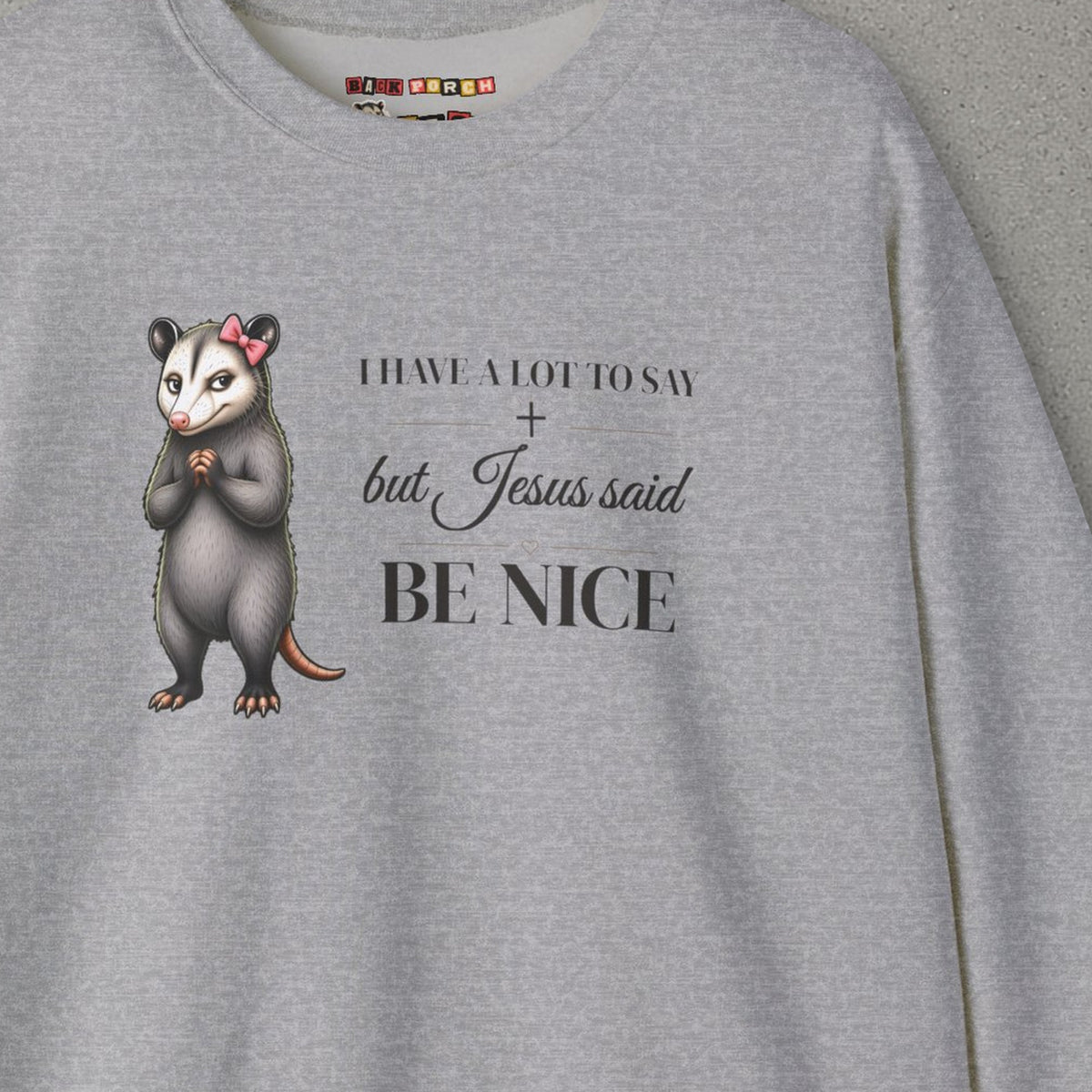 Be Nice Sweatshirt – Sport Grey – front print close-up