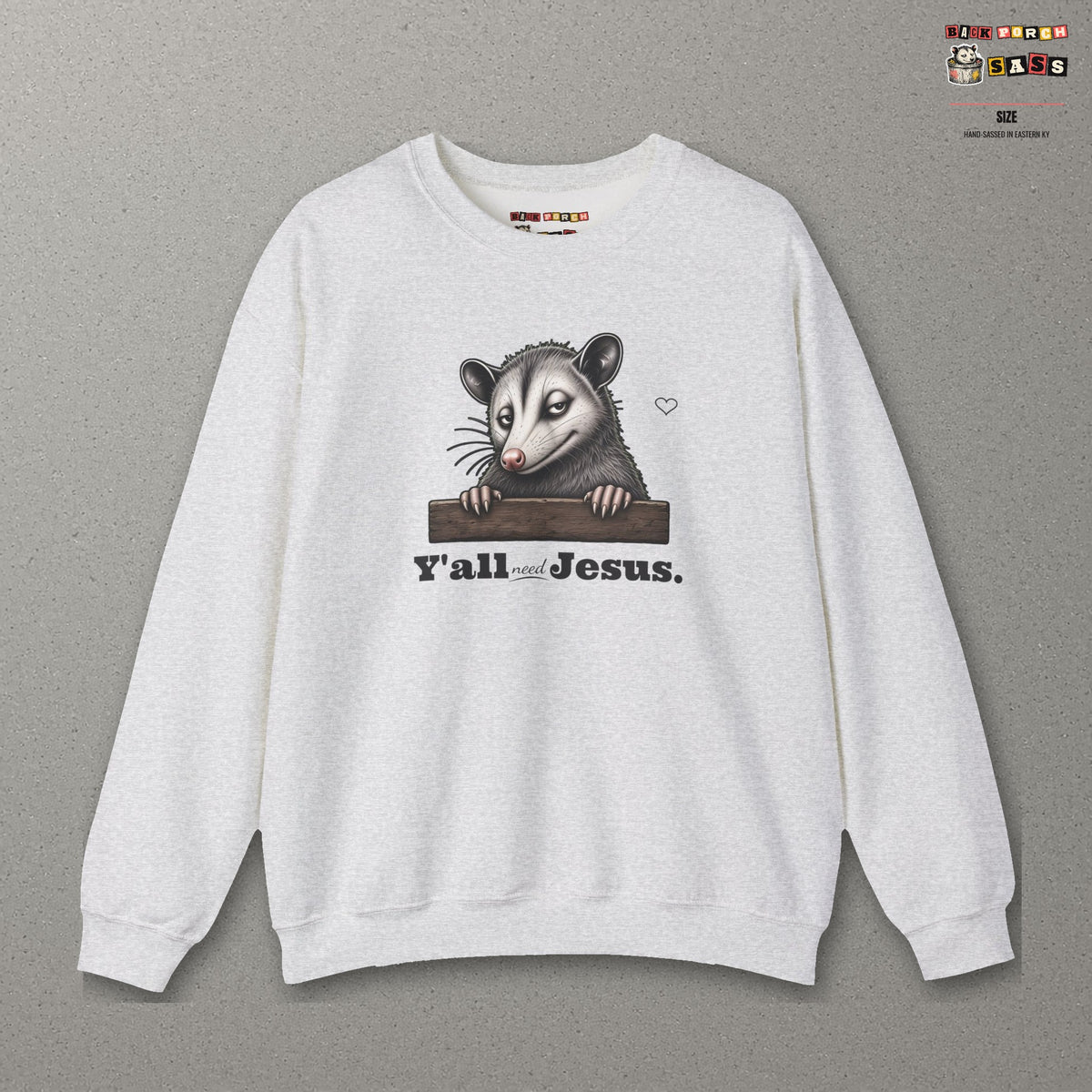 Y'all Need Jesus Side-Eye Possum Sweatshirt – Ash – front