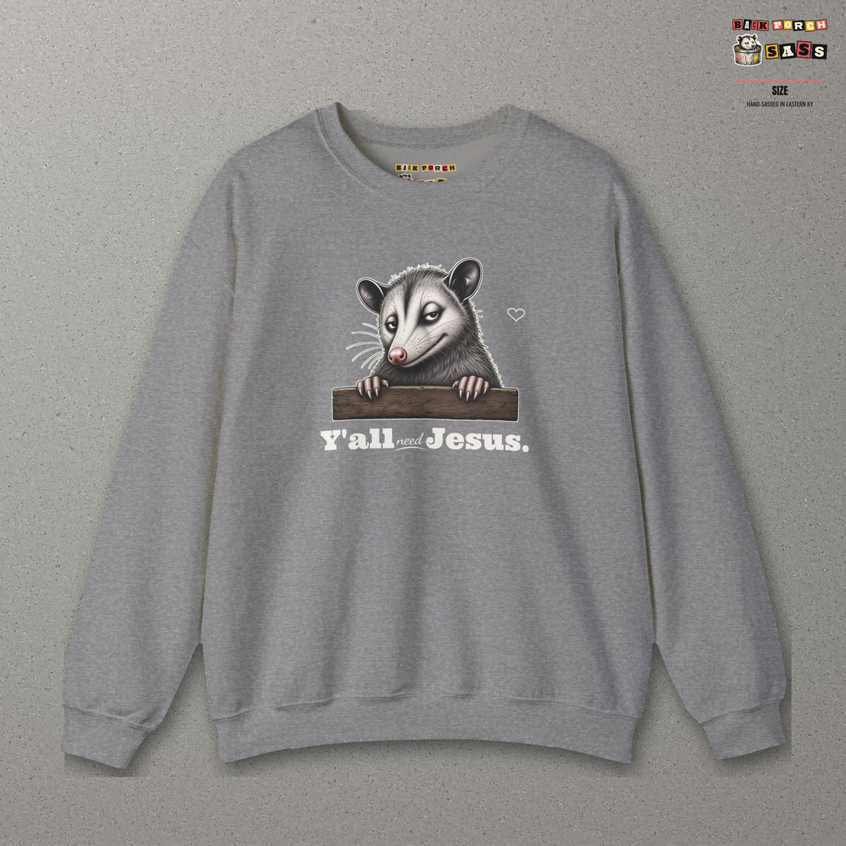 Y'all Need Jesus Side-Eye Possum Sweatshirt – Graphite Heather – front