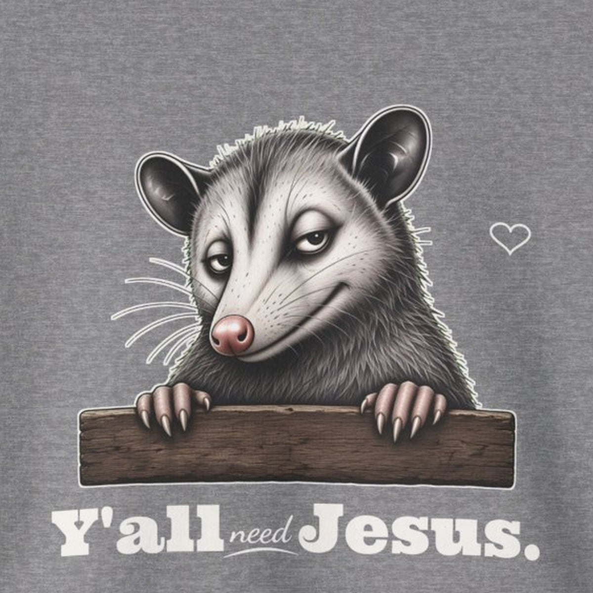 Y'all Need Jesus Side-Eye Possum Sweatshirt – Graphite Heather – front print close-up