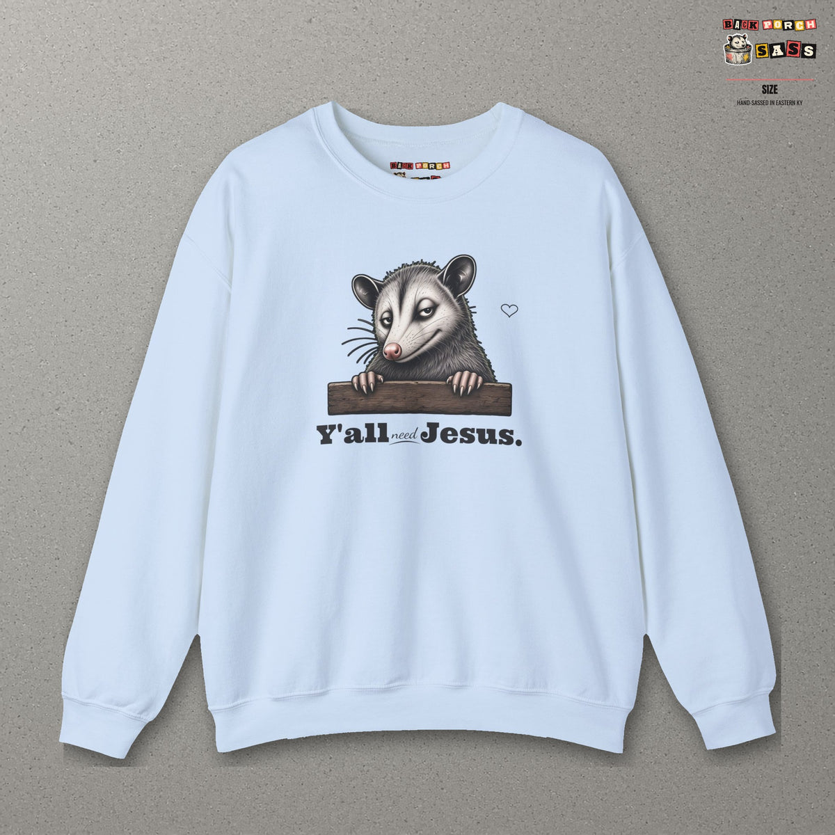 Y'all Need Jesus Side-Eye Possum Sweatshirt – Light Blue – front
