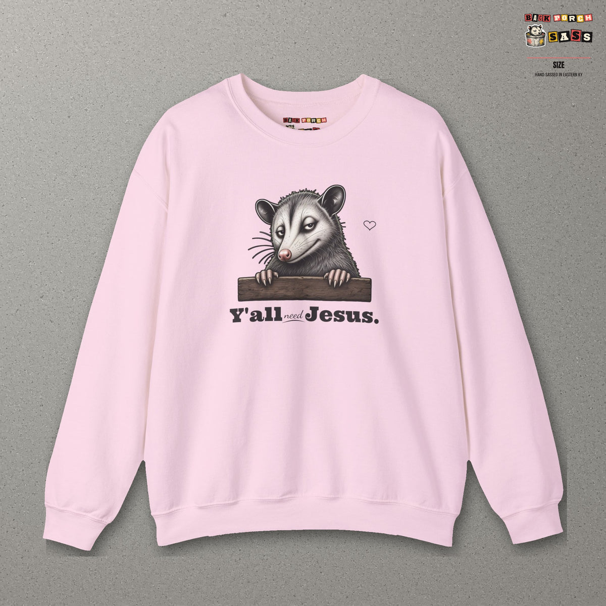 Y'all Need Jesus Side-Eye Possum Sweatshirt – Light Pink – front