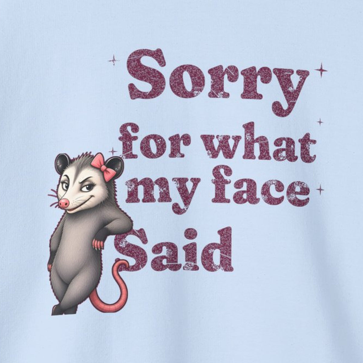 Sorry For What My Face Said Sweatshirt – Light Blue – front print close-up