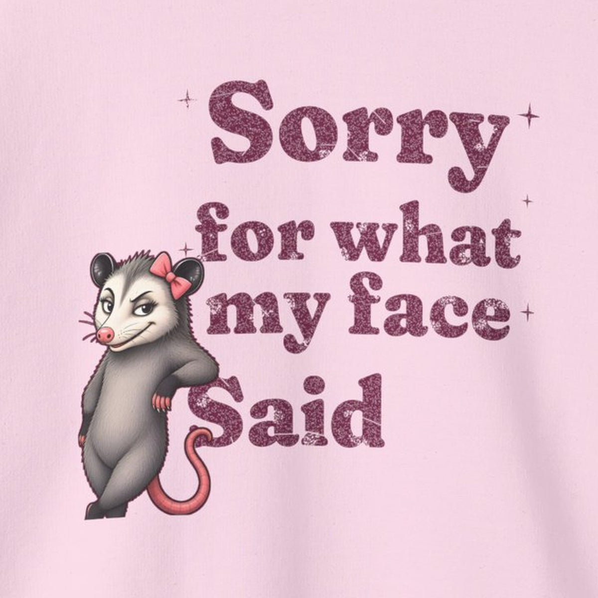 Sorry For What My Face Said Sweatshirt – Light Pink – front print close-up