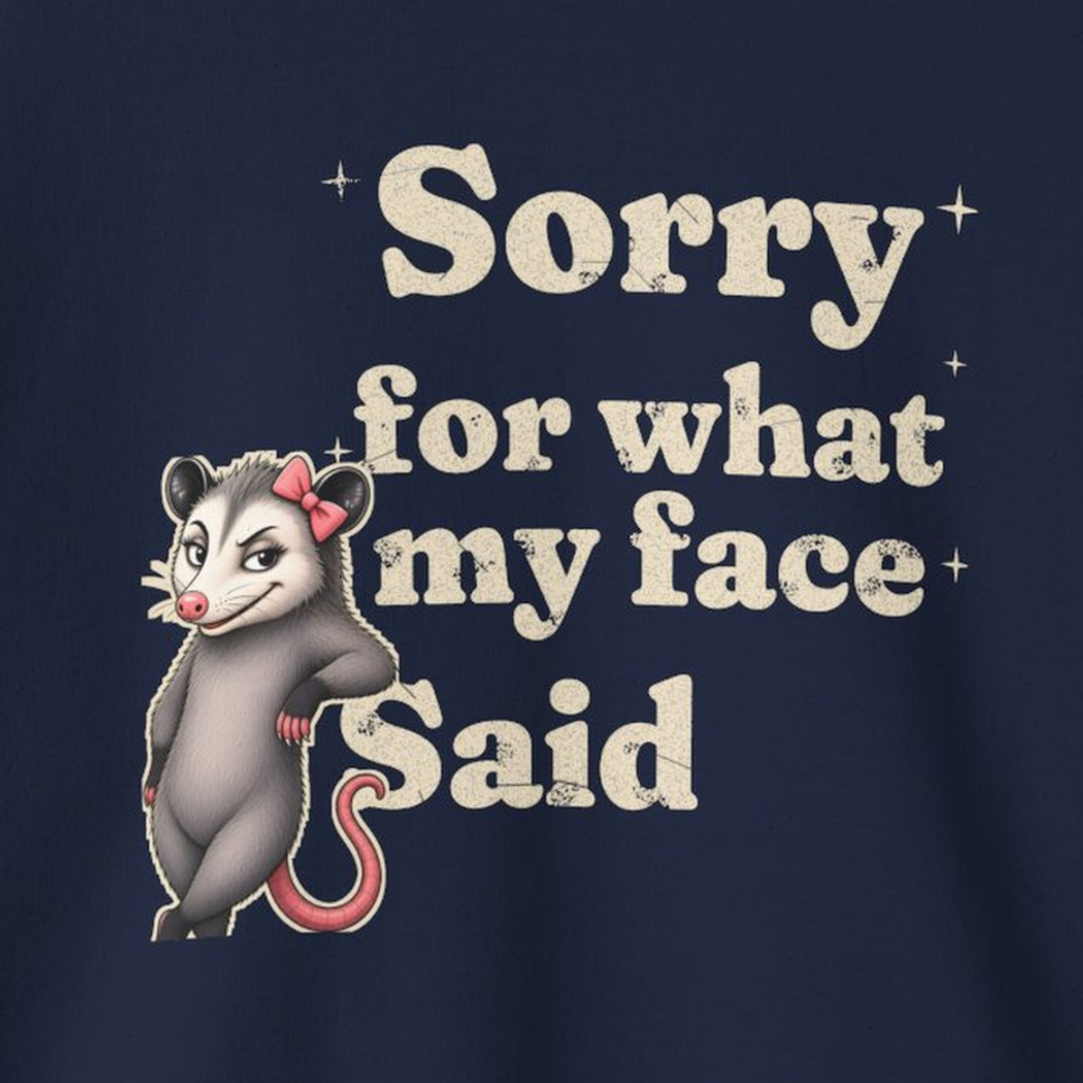 Sorry For What My Face Said Sweatshirt – Navy – front print close-up
