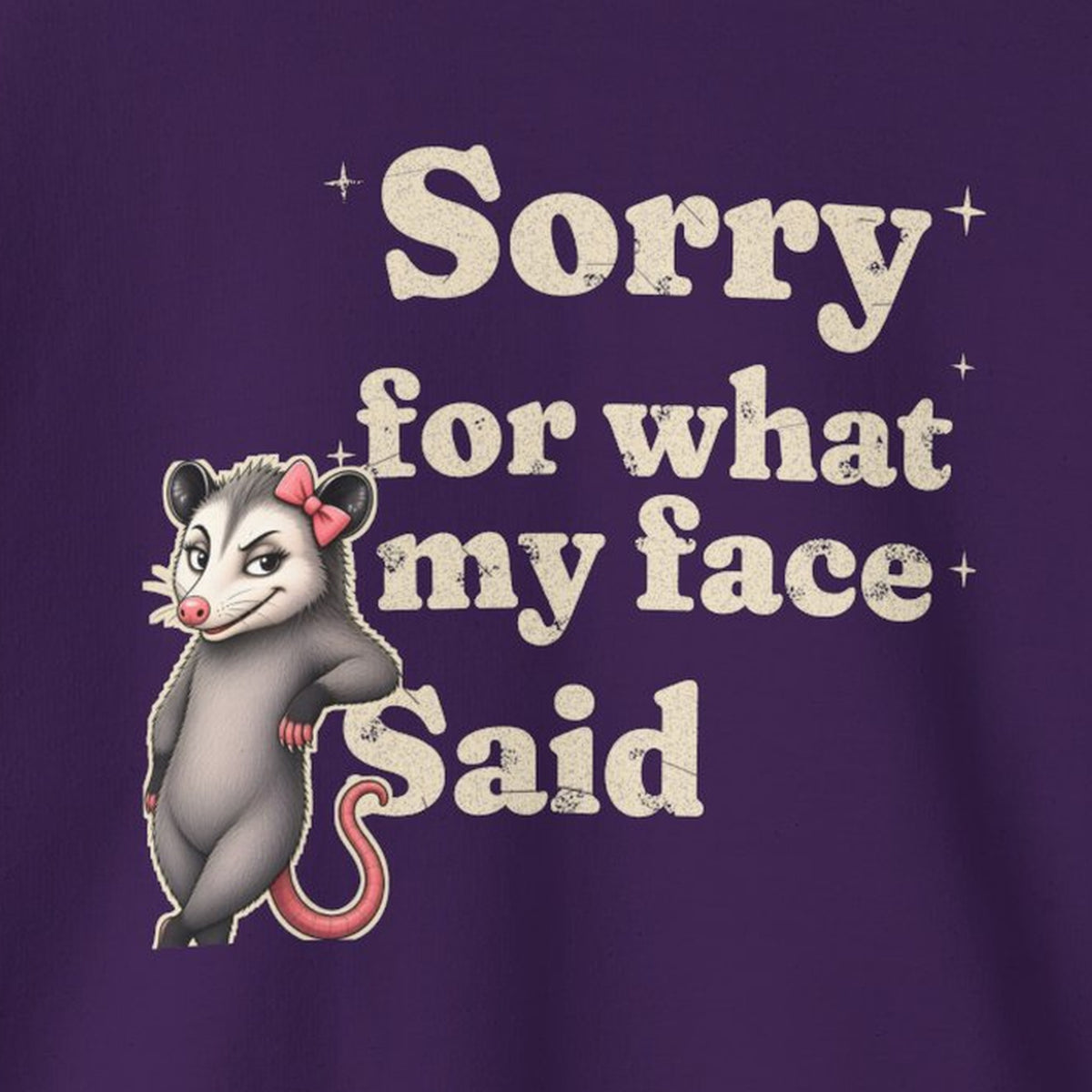 Sorry For What My Face Said Sweatshirt – Purple – front print close-up