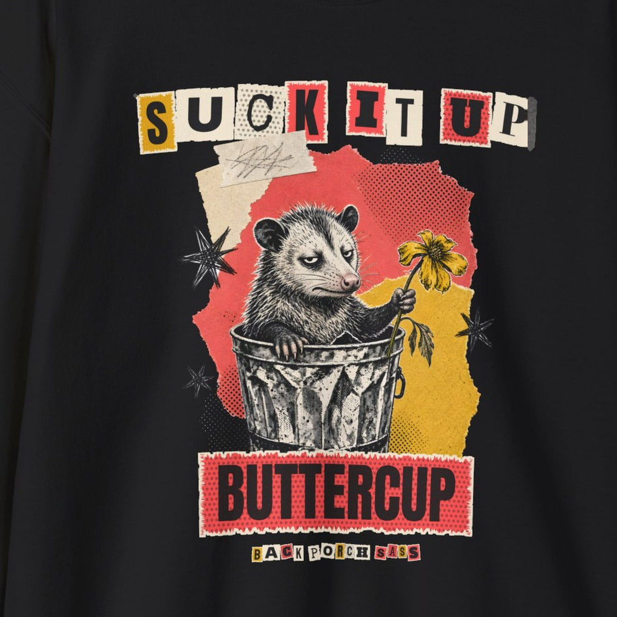 Suck It Up Buttercup Zine Possum Sweatshirt – Black – front print close-up