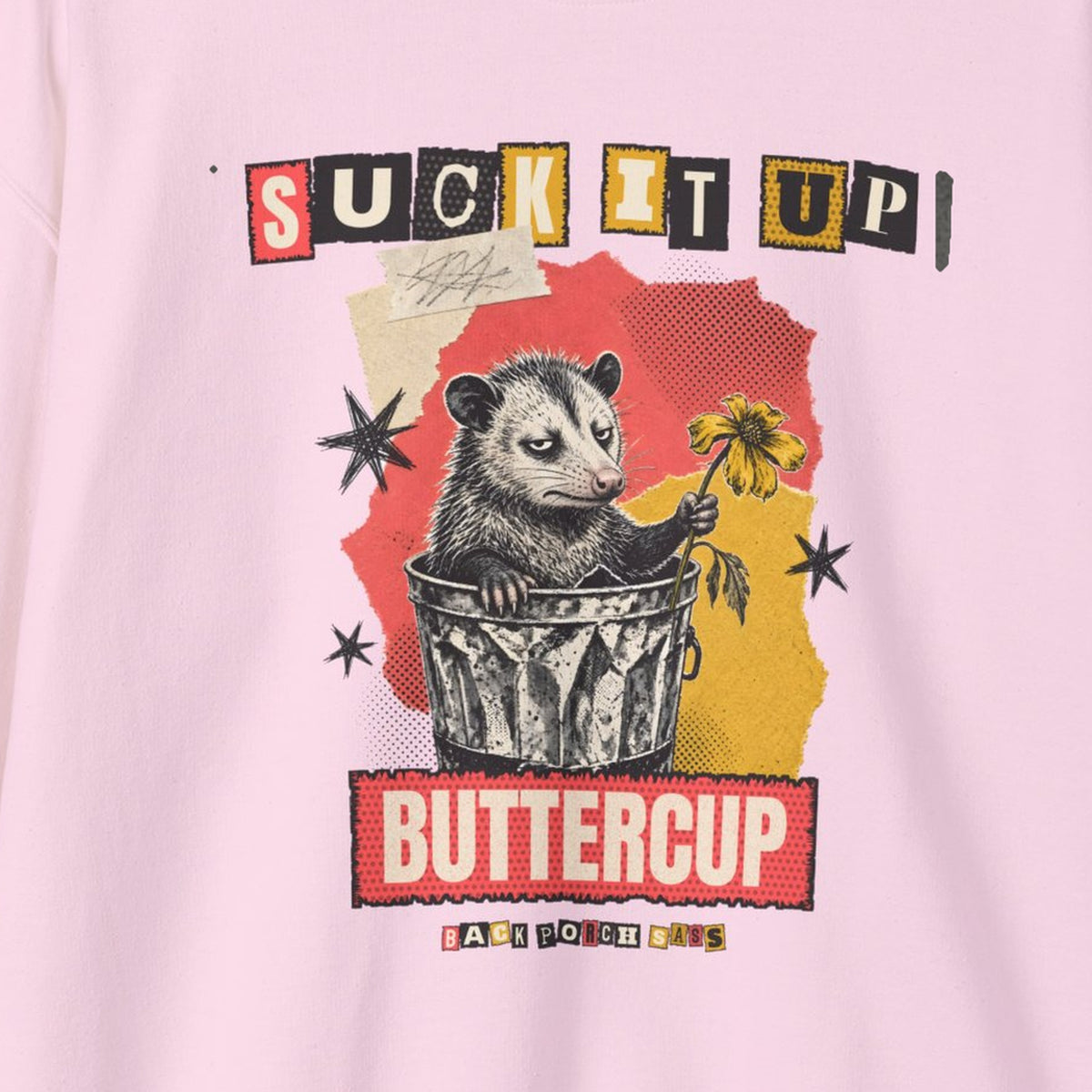 Suck It Up Buttercup Zine Possum Sweatshirt – Light Pink – front print close-up