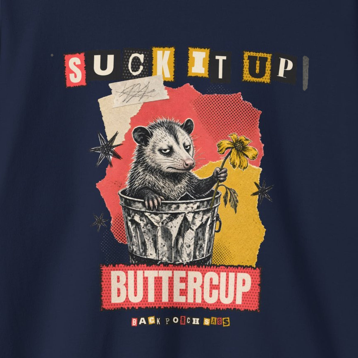 Suck It Up Buttercup Zine Possum Sweatshirt – Navy – front print close-up