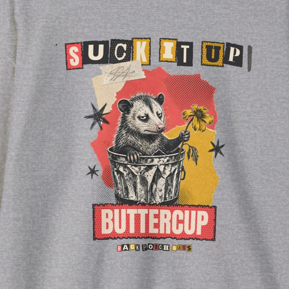 Suck It Up Buttercup Zine Possum Sweatshirt – Sport Grey – front print close-up