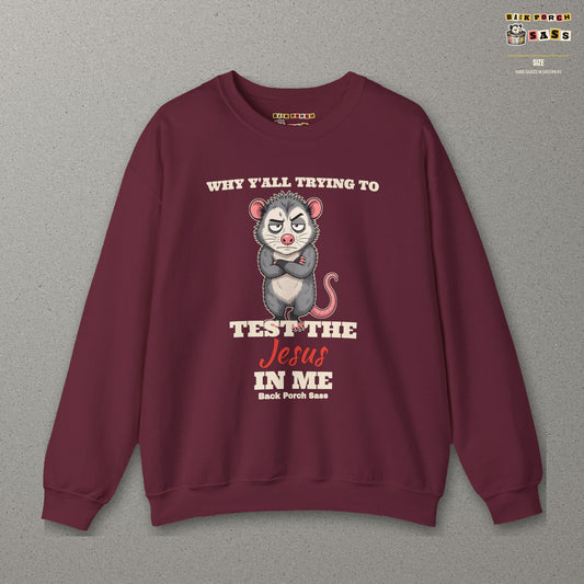 Why Y'all Trying to Test the Jesus in Me Possum Sweatshirt – Back Porch Sass – Maroon – front