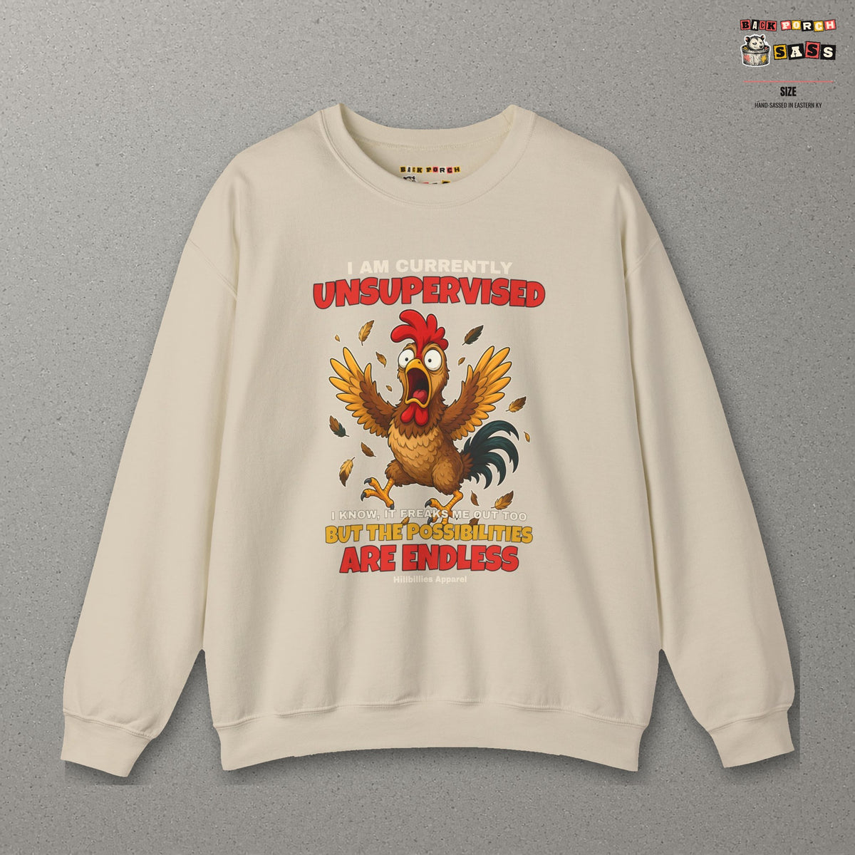 I Am Currently Unsupervised Rooster Sweatshirt – Sand – front