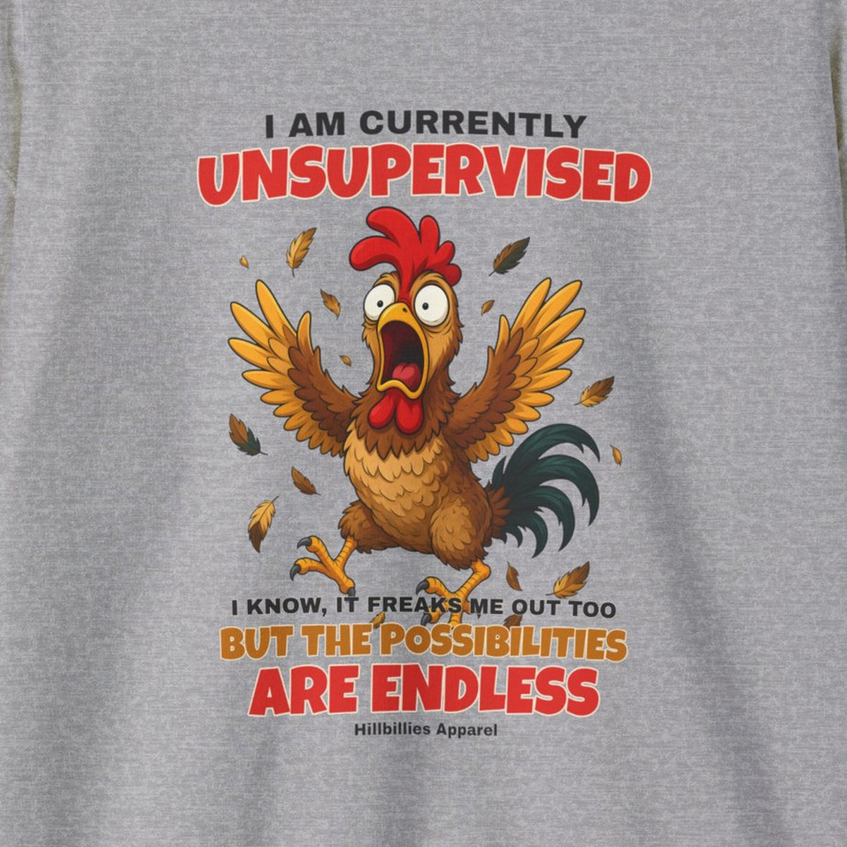I Am Currently Unsupervised Rooster Sweatshirt – Sport Grey – front print close-up