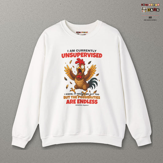 I Am Currently Unsupervised Rooster Sweatshirt – White – front